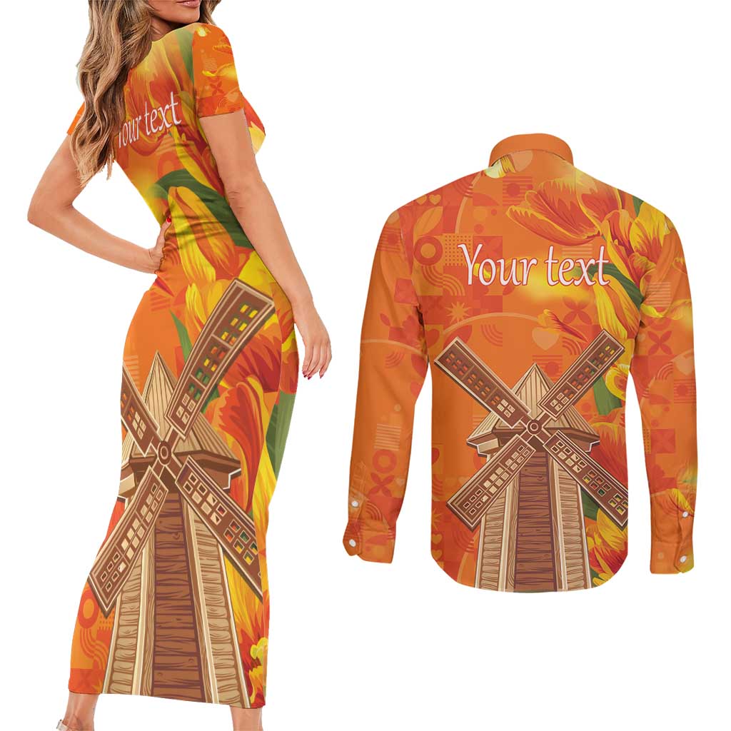 Personalized Netherlands Orange Tulip and Wildmill Couples Matching Short Sleeve Bodycon Dress and Long Sleeve Button Shirt