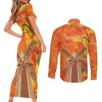 Personalized Netherlands Orange Tulip and Wildmill Couples Matching Short Sleeve Bodycon Dress and Long Sleeve Button Shirt