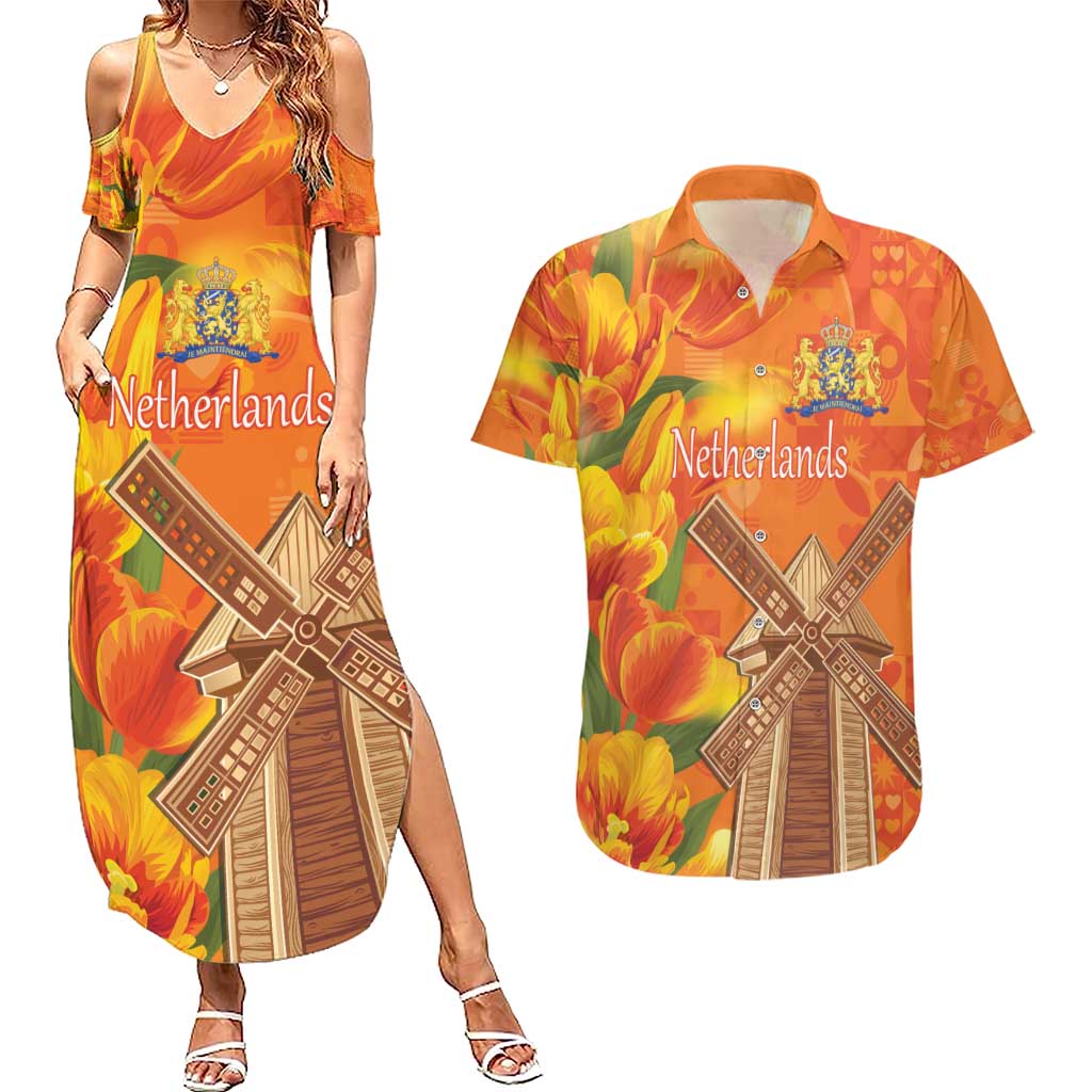 Personalized Netherlands Orange Tulip and Wildmill Couples Matching Summer Maxi Dress and Hawaiian Shirt