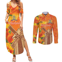 Personalized Netherlands Orange Tulip and Wildmill Couples Matching Summer Maxi Dress and Long Sleeve Button Shirt