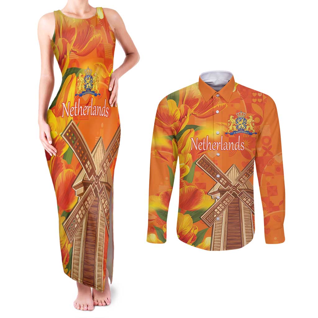 Personalized Netherlands Orange Tulip and Wildmill Couples Matching Tank Maxi Dress and Long Sleeve Button Shirt