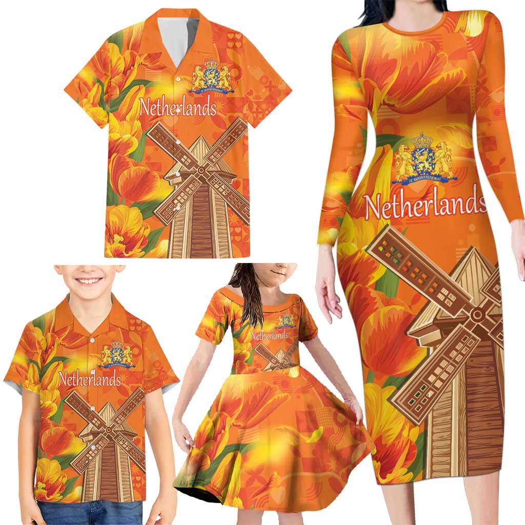Personalized Netherlands Orange Tulip and Wildmill Family Matching Long Sleeve Bodycon Dress and Hawaiian Shirt