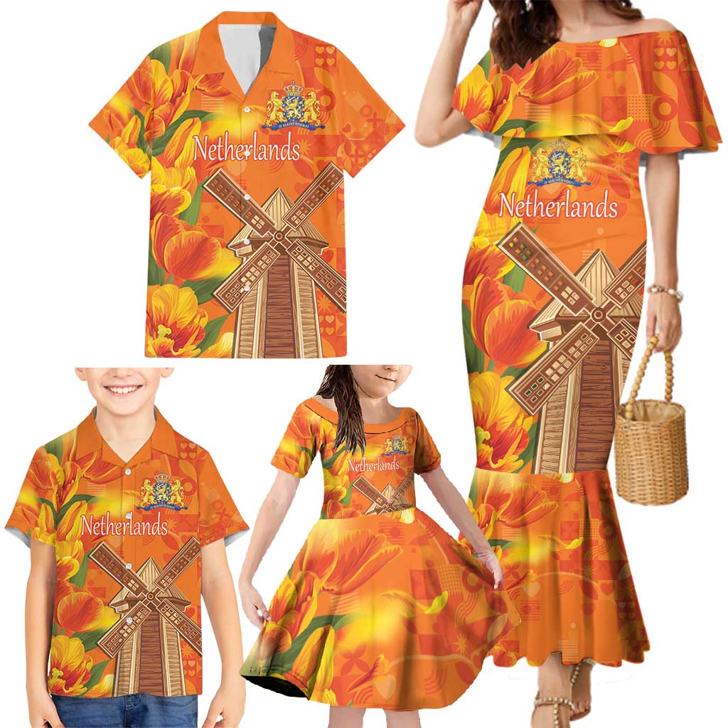 Personalized Netherlands Orange Tulip and Wildmill Family Matching Mermaid Dress and Hawaiian Shirt