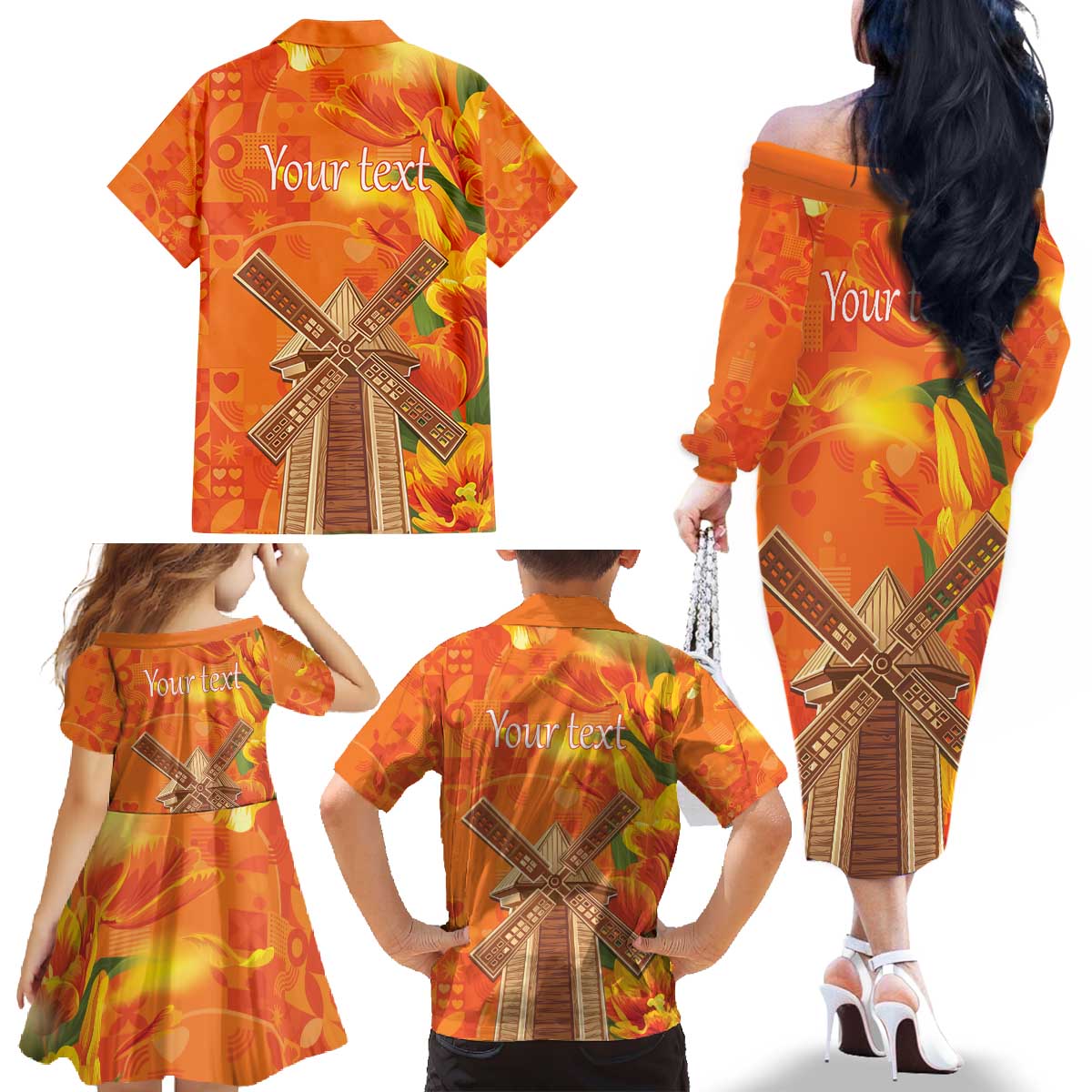 Personalized Netherlands Orange Tulip and Wildmill Family Matching Off The Shoulder Long Sleeve Dress and Hawaiian Shirt