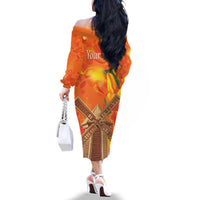 Personalized Netherlands Orange Tulip and Wildmill Family Matching Off The Shoulder Long Sleeve Dress and Hawaiian Shirt