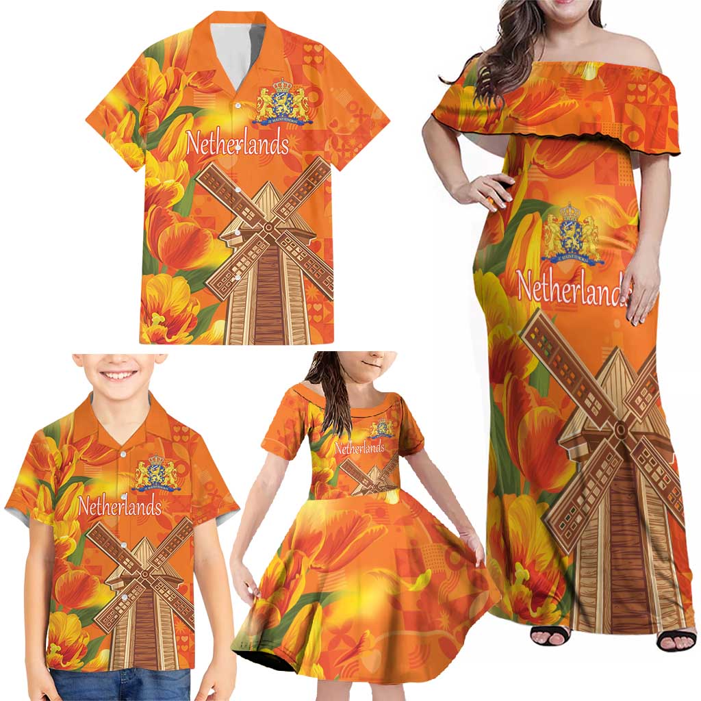 Personalized Netherlands Orange Tulip and Wildmill Family Matching Off Shoulder Maxi Dress and Hawaiian Shirt