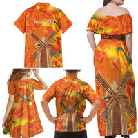 Personalized Netherlands Orange Tulip and Wildmill Family Matching Off Shoulder Maxi Dress and Hawaiian Shirt