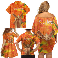 Personalized Netherlands Orange Tulip and Wildmill Family Matching Off Shoulder Short Dress and Hawaiian Shirt