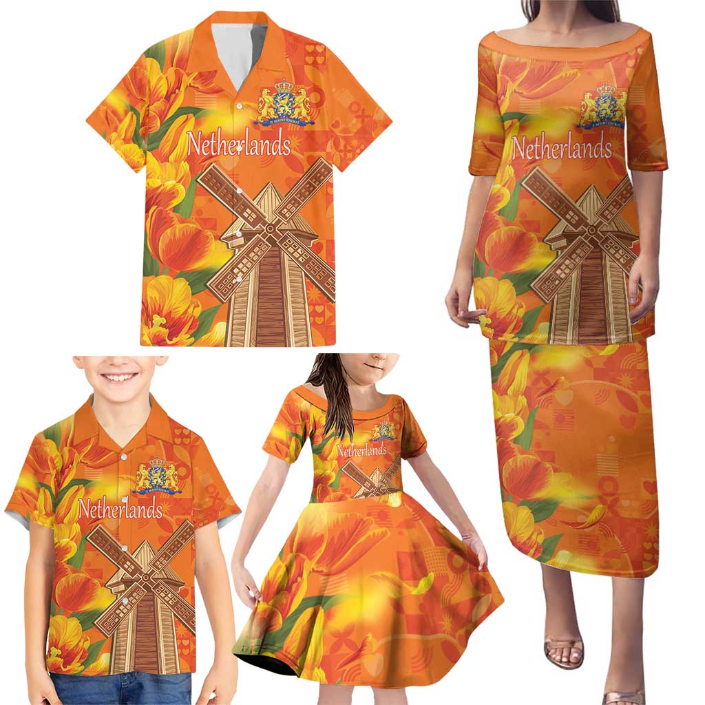 Personalized Netherlands Orange Tulip and Wildmill Family Matching Puletasi and Hawaiian Shirt