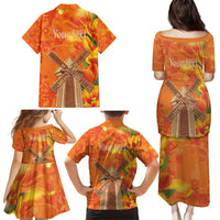 Personalized Netherlands Orange Tulip and Wildmill Family Matching Puletasi and Hawaiian Shirt