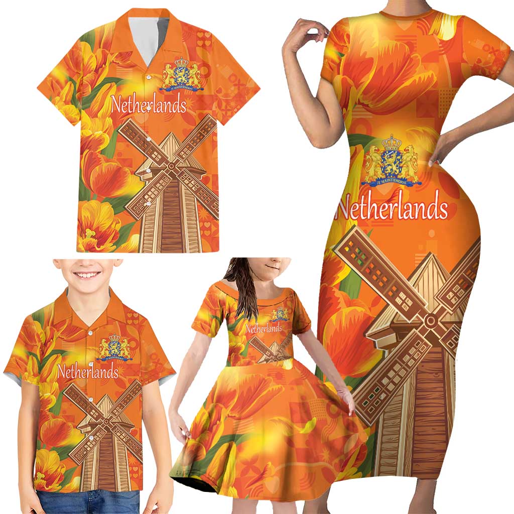 Personalized Netherlands Orange Tulip and Wildmill Family Matching Short Sleeve Bodycon Dress and Hawaiian Shirt