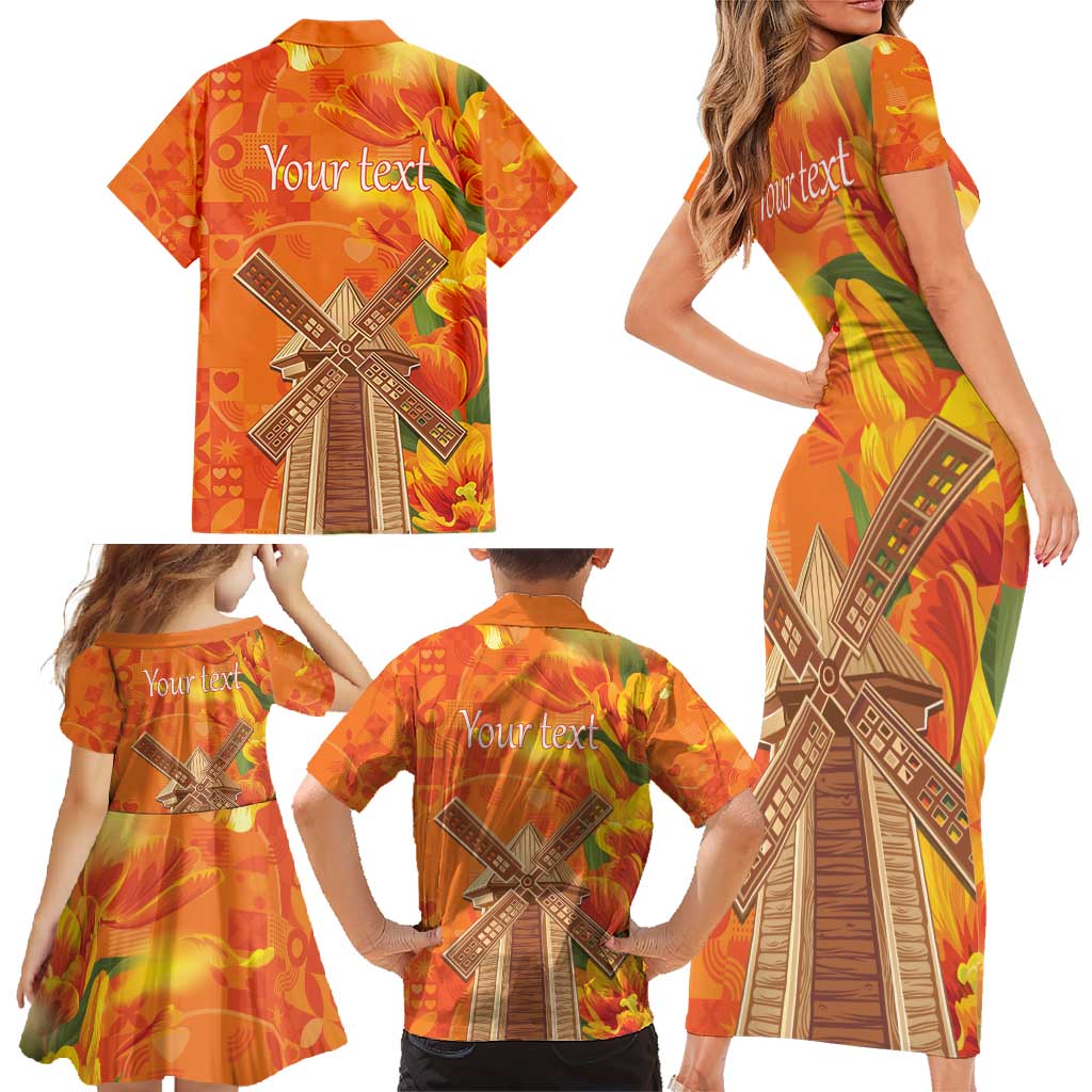 Personalized Netherlands Orange Tulip and Wildmill Family Matching Short Sleeve Bodycon Dress and Hawaiian Shirt