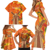 Personalized Netherlands Orange Tulip and Wildmill Family Matching Short Sleeve Bodycon Dress and Hawaiian Shirt
