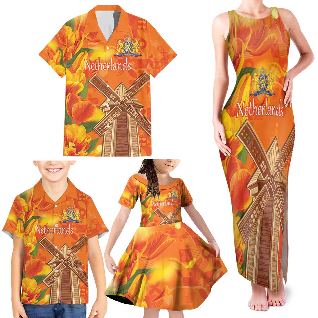 Personalized Netherlands Orange Tulip and Wildmill Family Matching Tank Maxi Dress and Hawaiian Shirt