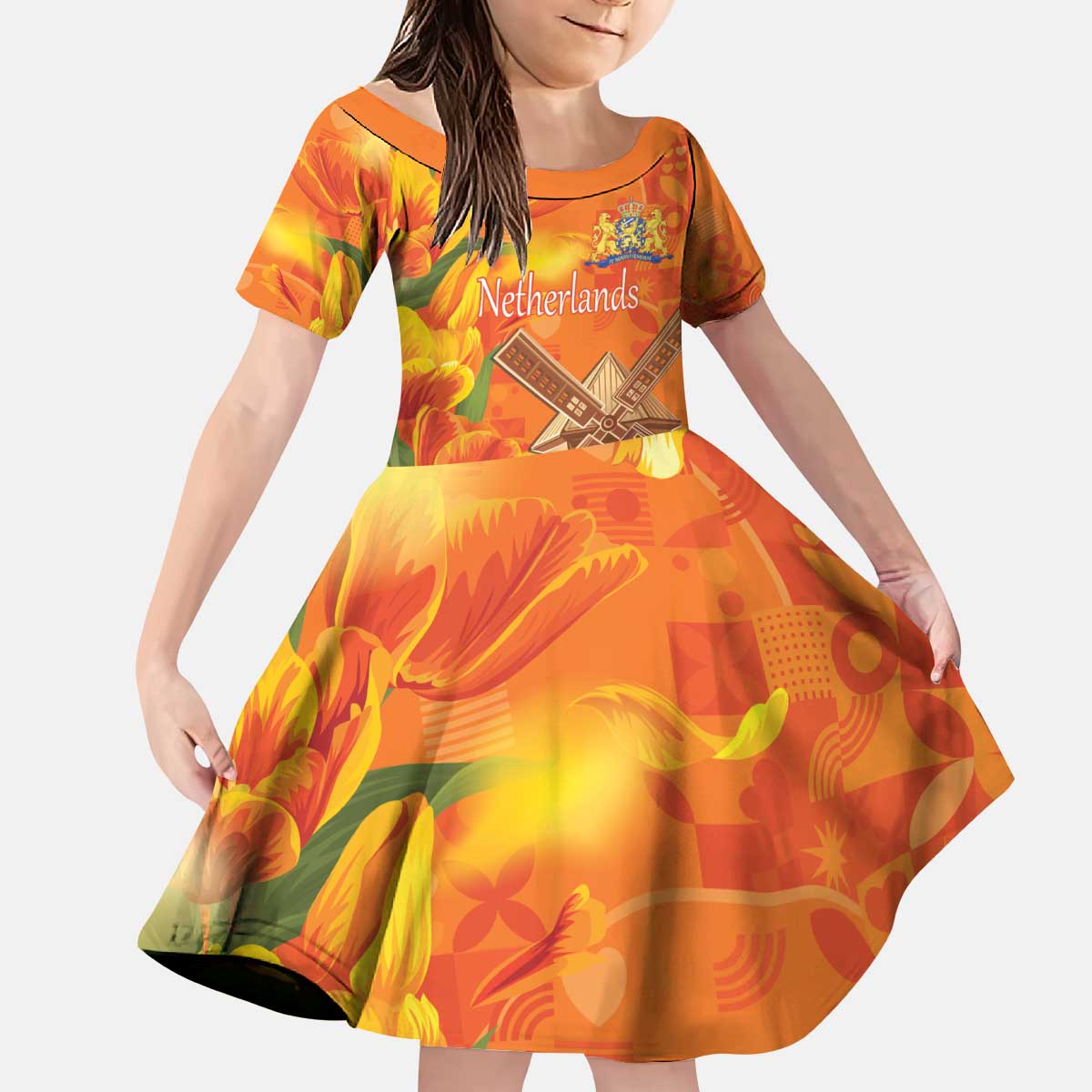 Personalized Netherlands Orange Tulip and Wildmill Kid Short Sleeve Dress