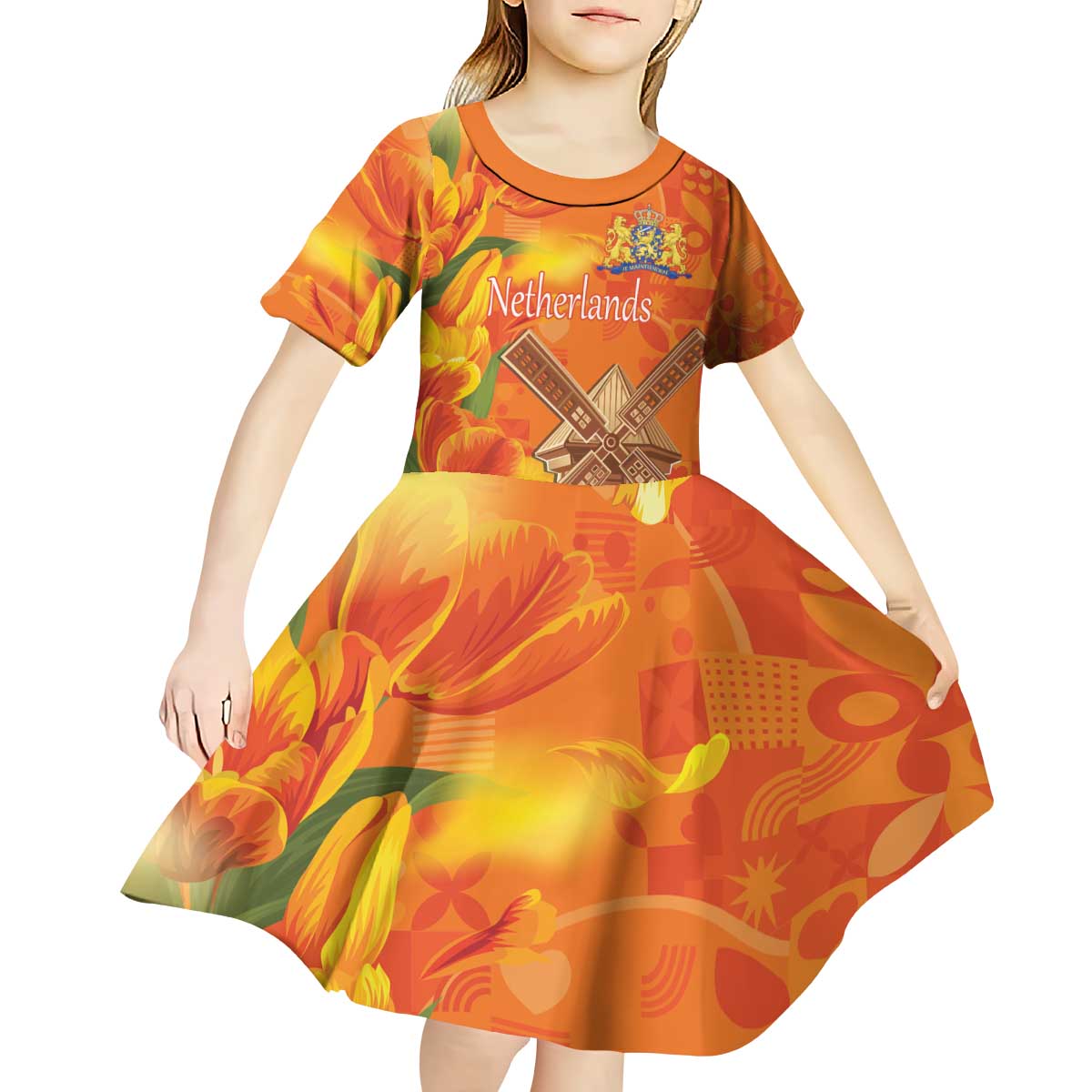 Personalized Netherlands Orange Tulip and Wildmill Kid Short Sleeve Dress