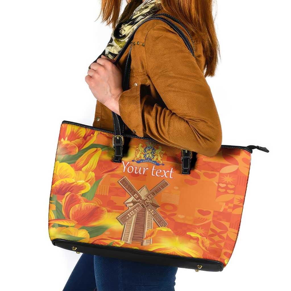 Personalized Netherlands Orange Tulip and Wildmill Leather Tote Bag