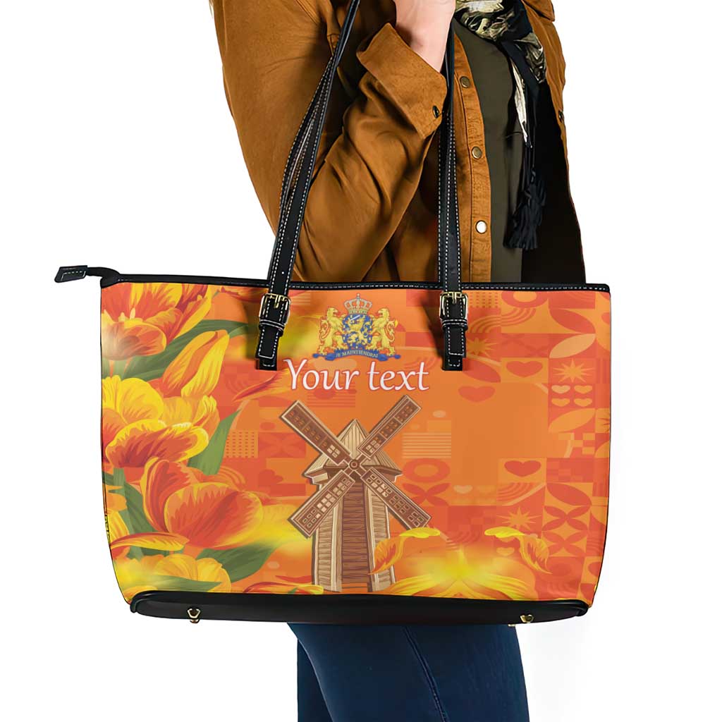 Personalized Netherlands Orange Tulip and Wildmill Leather Tote Bag