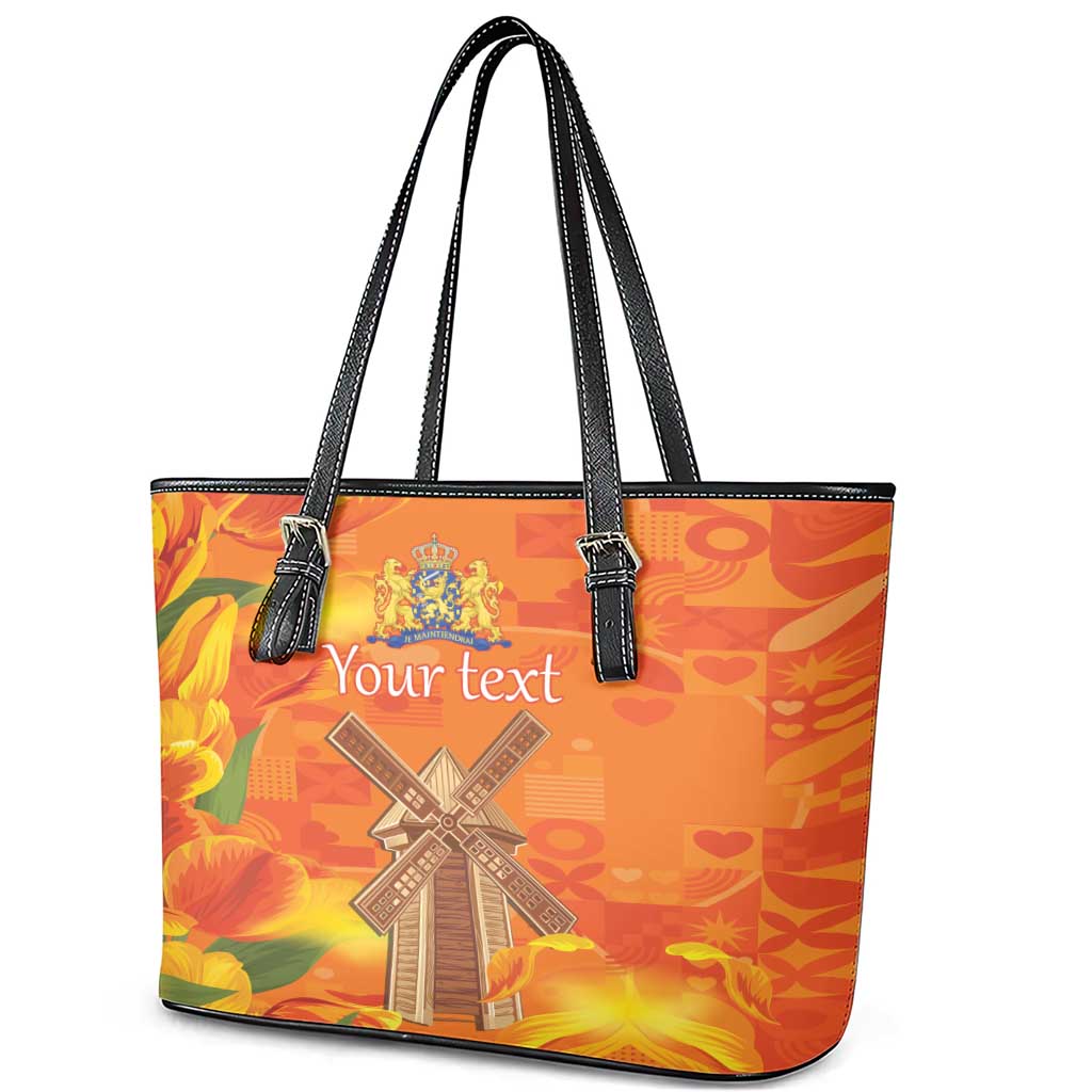 Personalized Netherlands Orange Tulip and Wildmill Leather Tote Bag