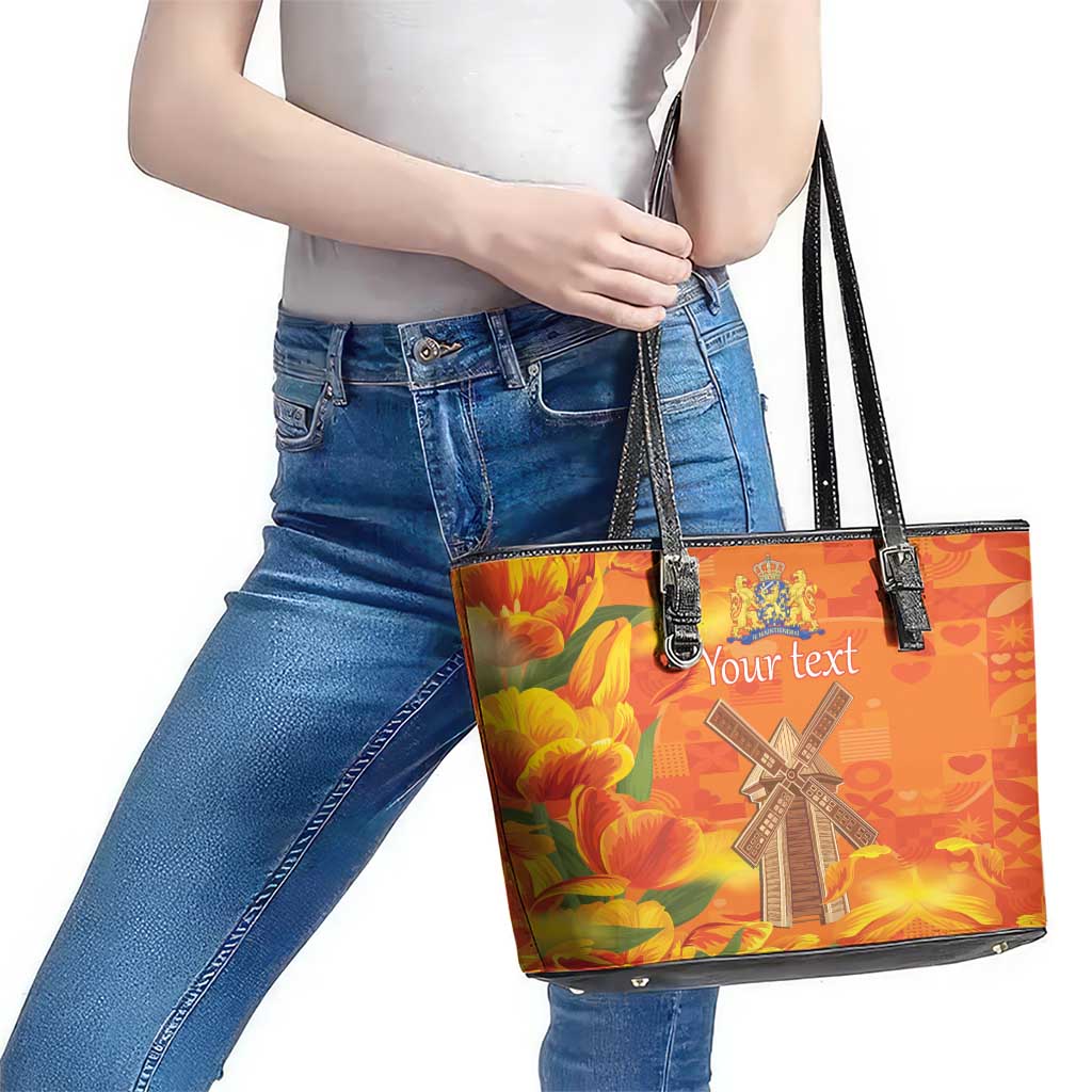 Personalized Netherlands Orange Tulip and Wildmill Leather Tote Bag