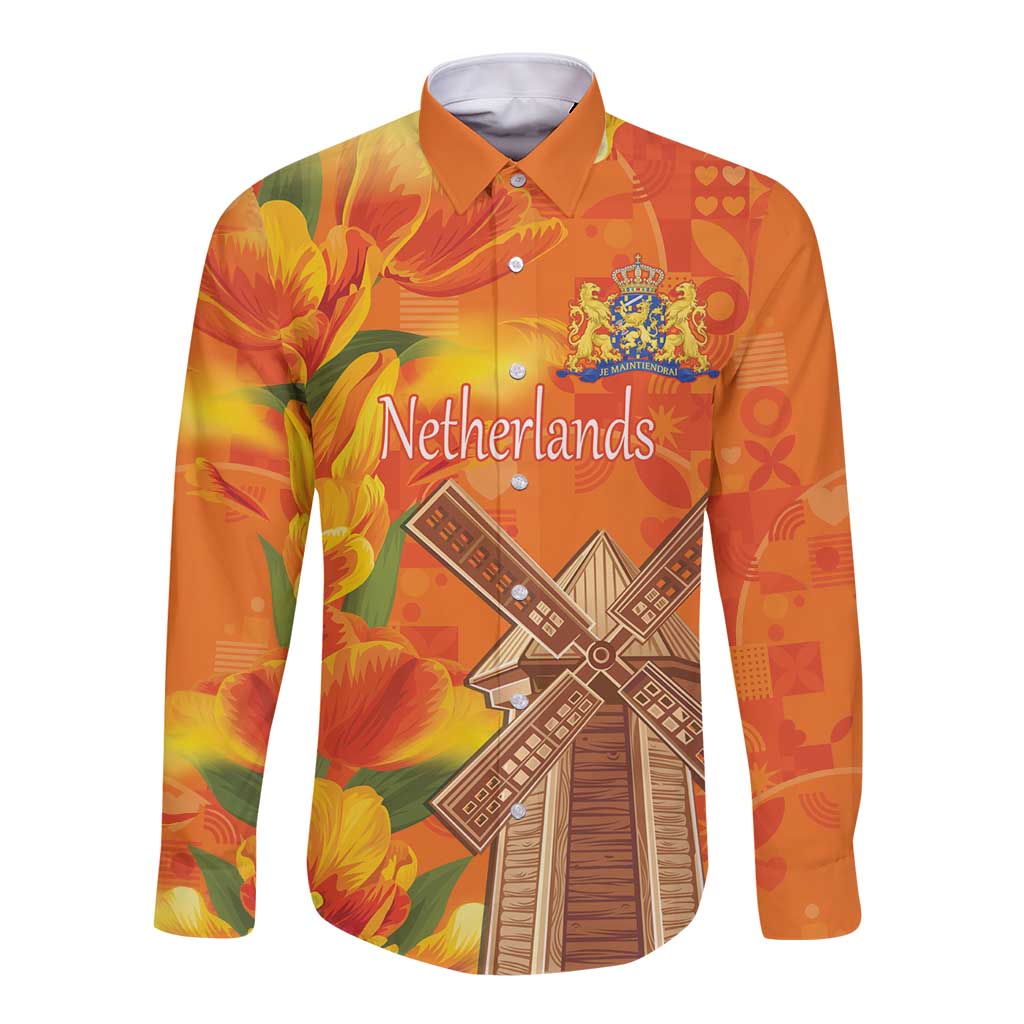 Personalized Netherlands Orange Tulip and Wildmill Long Sleeve Button Shirt