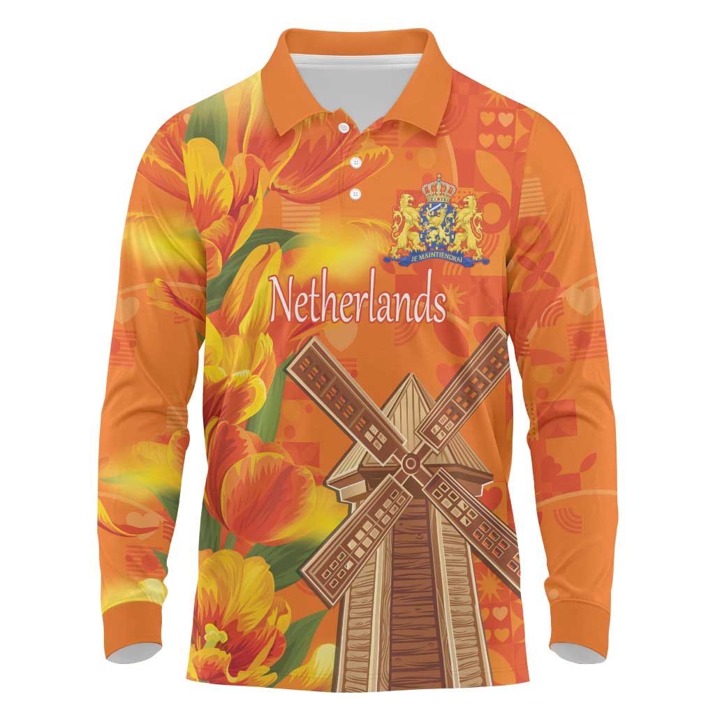 Personalized Netherlands Orange Tulip and Wildmill Long Sleeve Polo Shirt