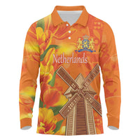 Personalized Netherlands Orange Tulip and Wildmill Long Sleeve Polo Shirt