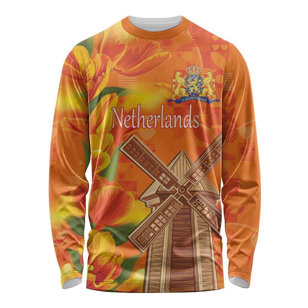 Personalized Netherlands Orange Tulip and Wildmill Long Sleeve Shirt