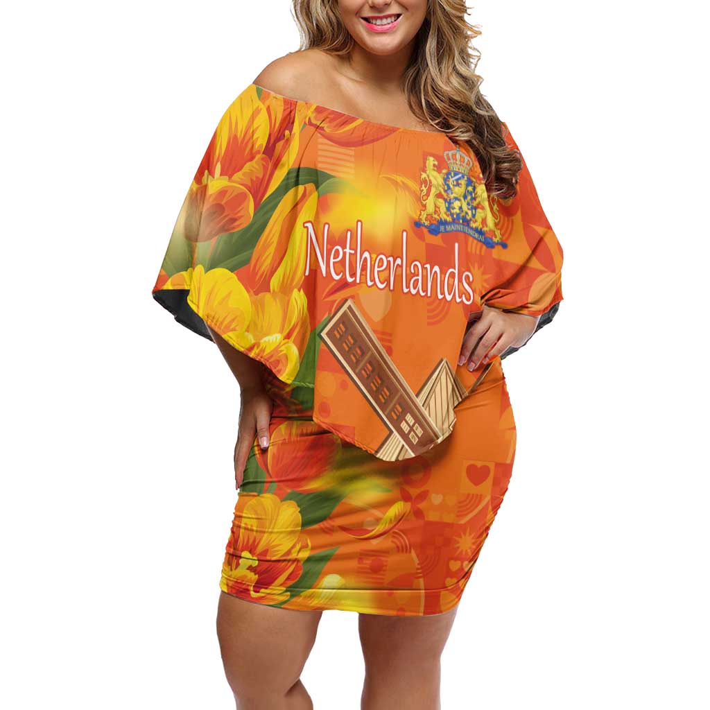 Personalized Netherlands Orange Tulip and Wildmill Off Shoulder Short Dress