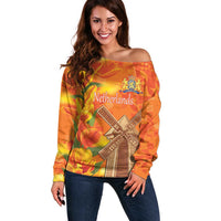 Personalized Netherlands Orange Tulip and Wildmill Off Shoulder Sweater