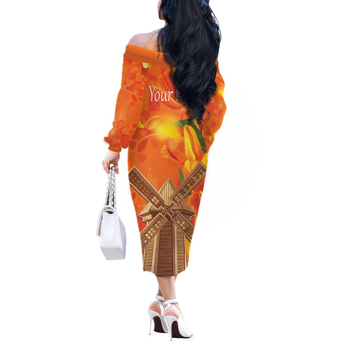 Personalized Netherlands Orange Tulip and Wildmill Off The Shoulder Long Sleeve Dress