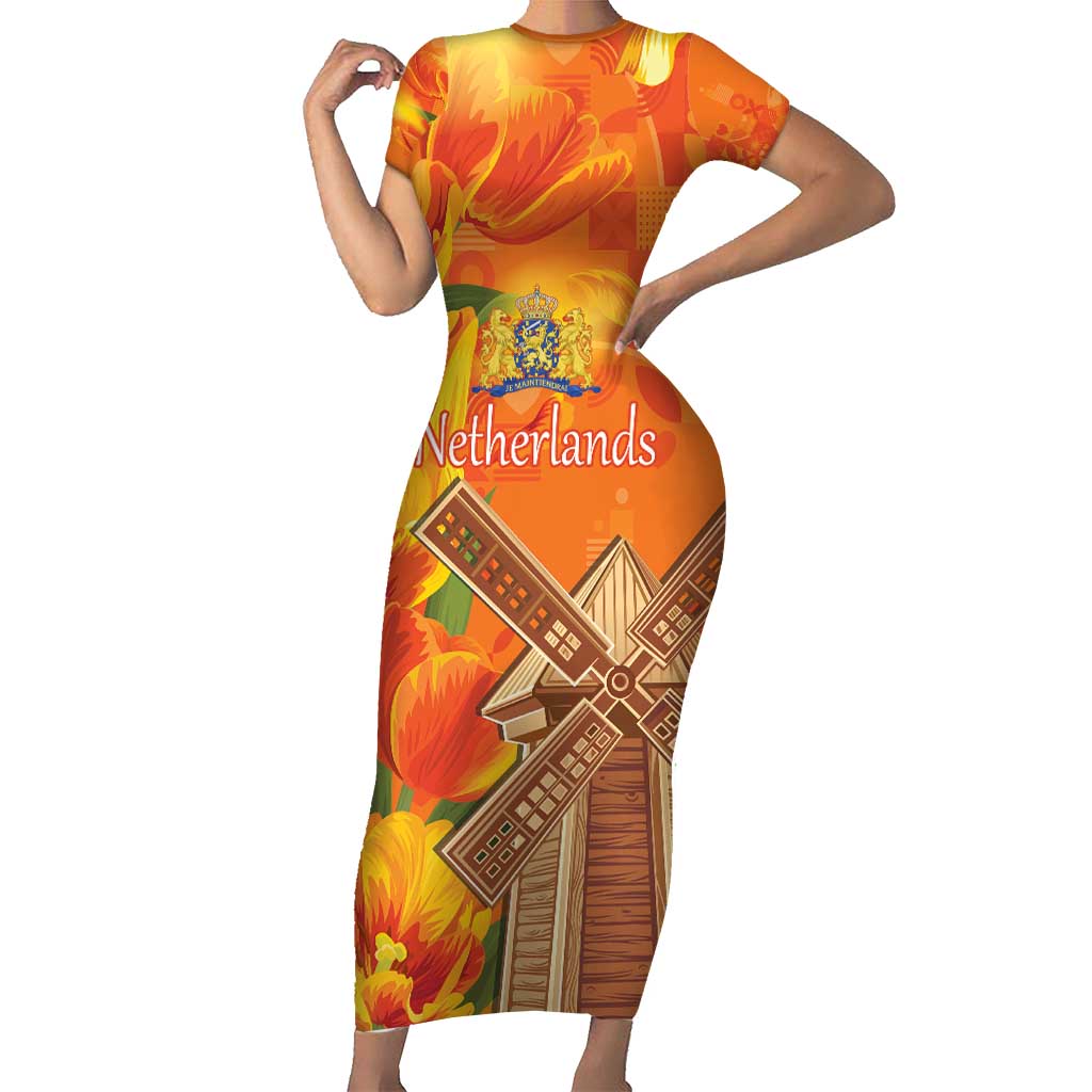 Personalized Netherlands Orange Tulip and Wildmill Short Sleeve Bodycon Dress