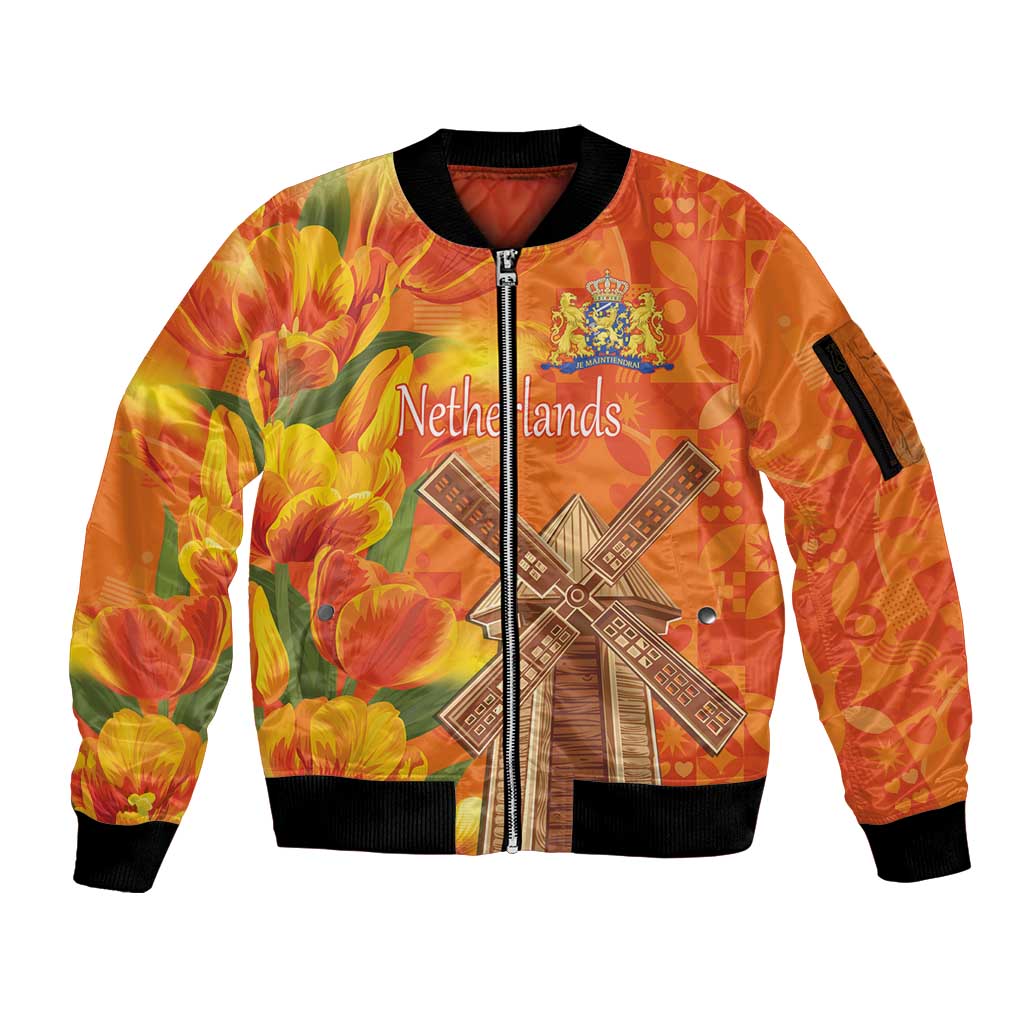 Personalized Netherlands Orange Tulip and Wildmill Sleeve Zip Bomber Jacket