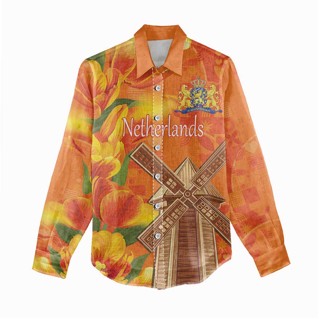 Personalized Netherlands Orange Tulip and Wildmill Women Casual Shirt
