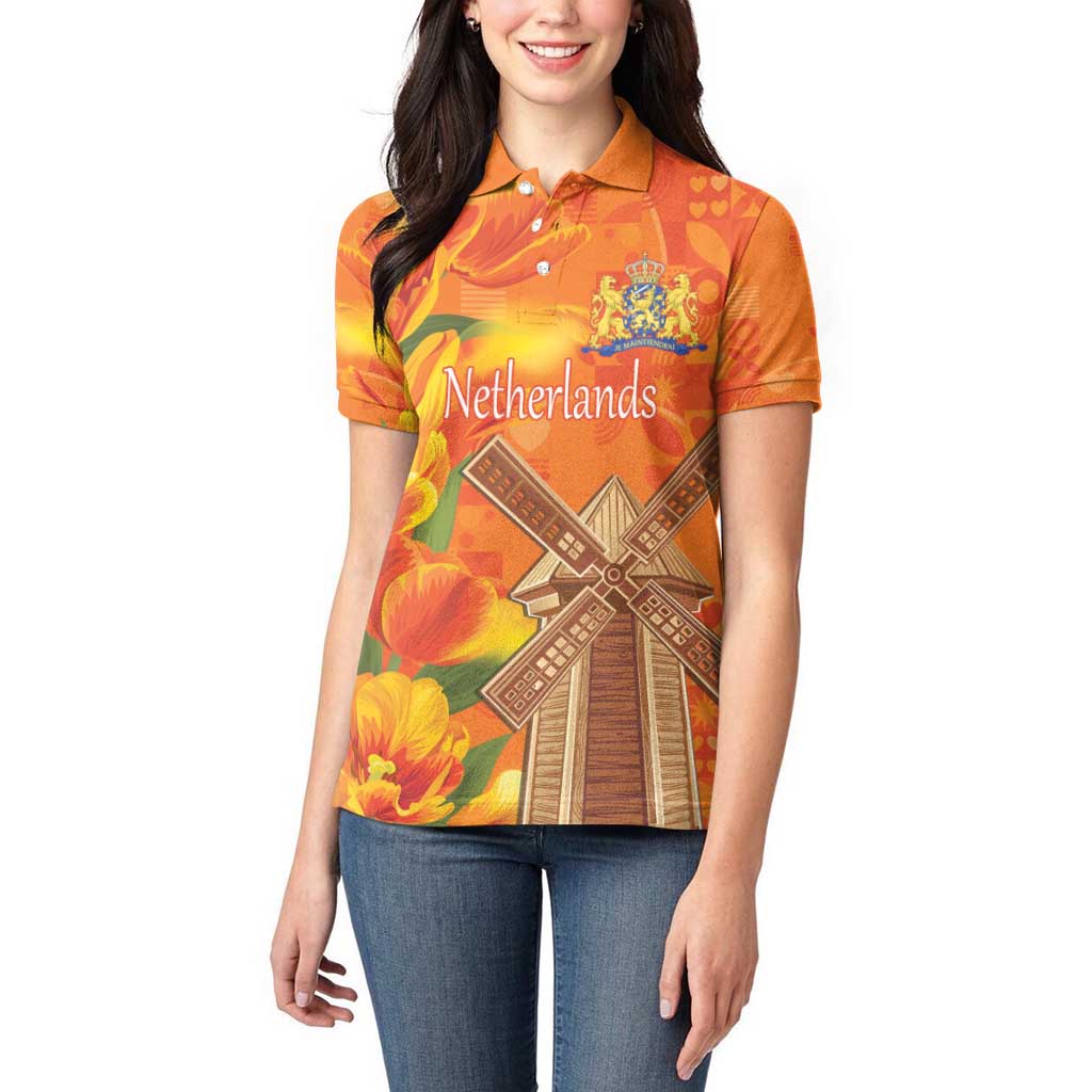 Personalized Netherlands Orange Tulip and Wildmill Women Polo Shirt