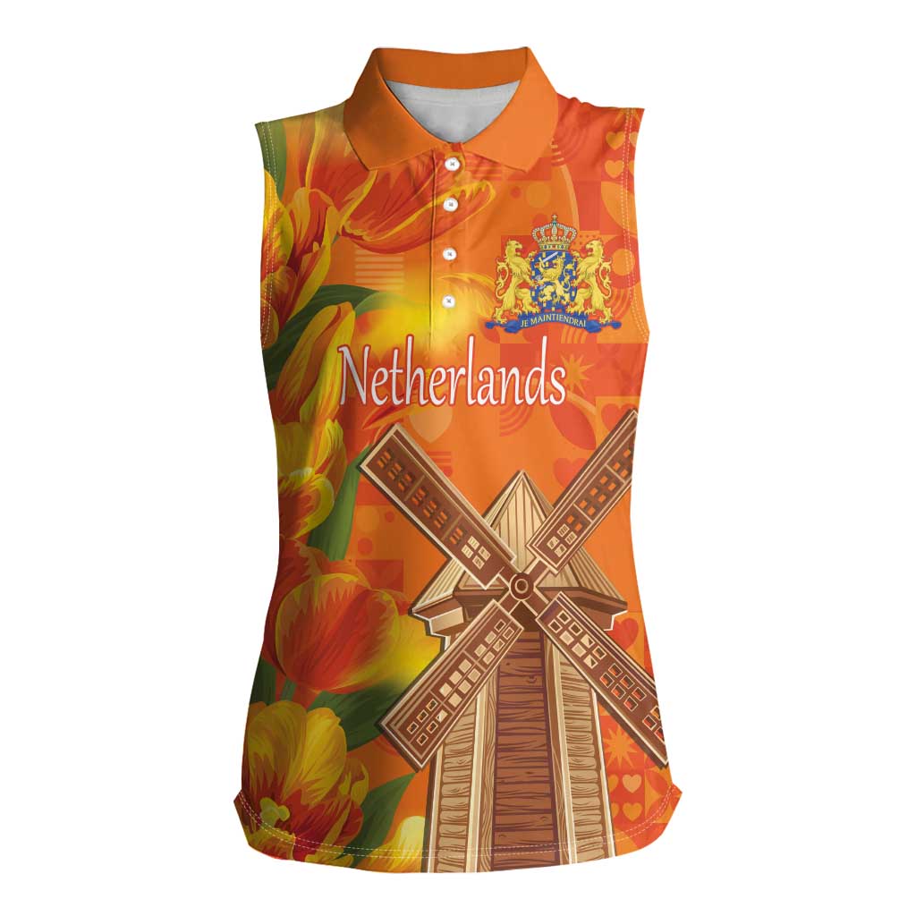 Personalized Netherlands Orange Tulip and Wildmill Women Sleeveless Polo Shirt