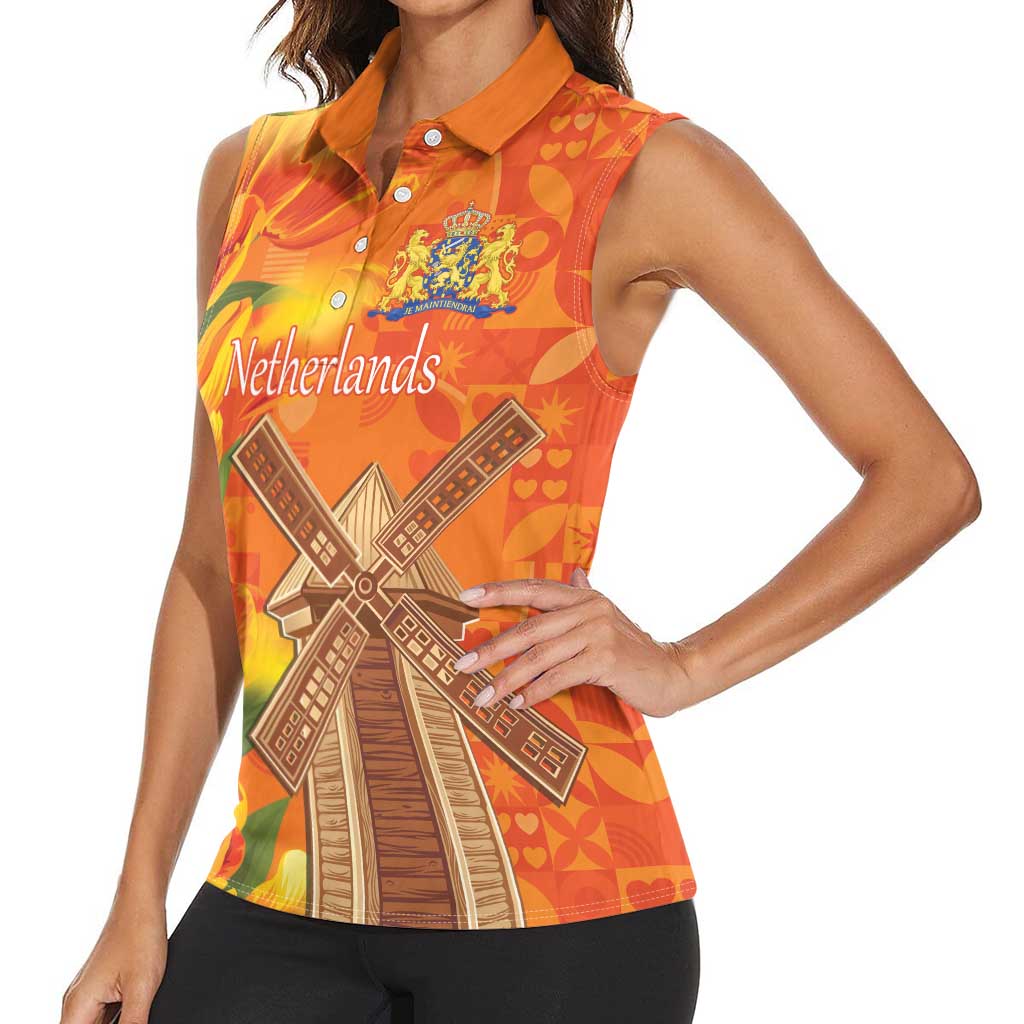Personalized Netherlands Orange Tulip and Wildmill Women Sleeveless Polo Shirt