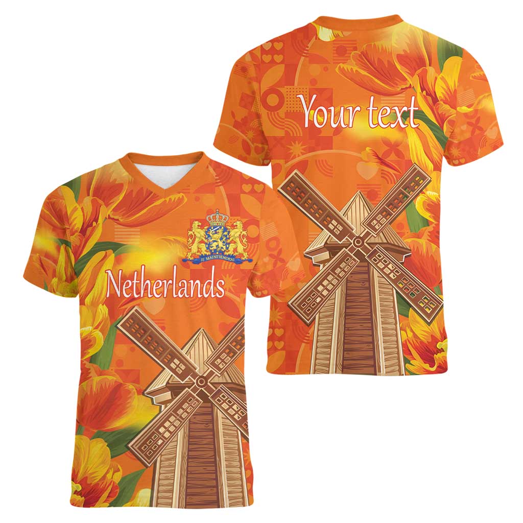 Personalized Netherlands Orange Tulip and Wildmill Women V-Neck T-Shirt