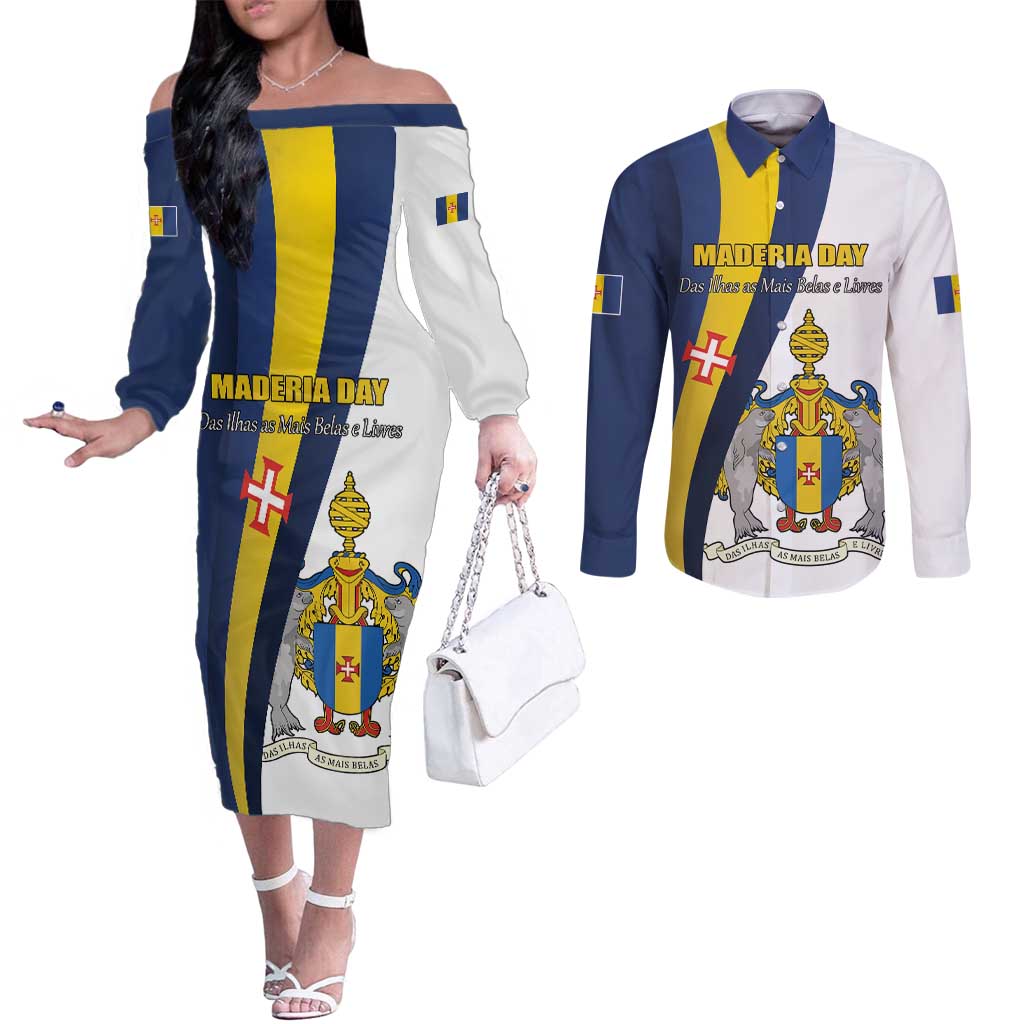 Portugal Maderia Day 1st July Couples Matching Off The Shoulder Long Sleeve Dress and Long Sleeve Button Shirt Das Ilhas as Mais Belas e Livres