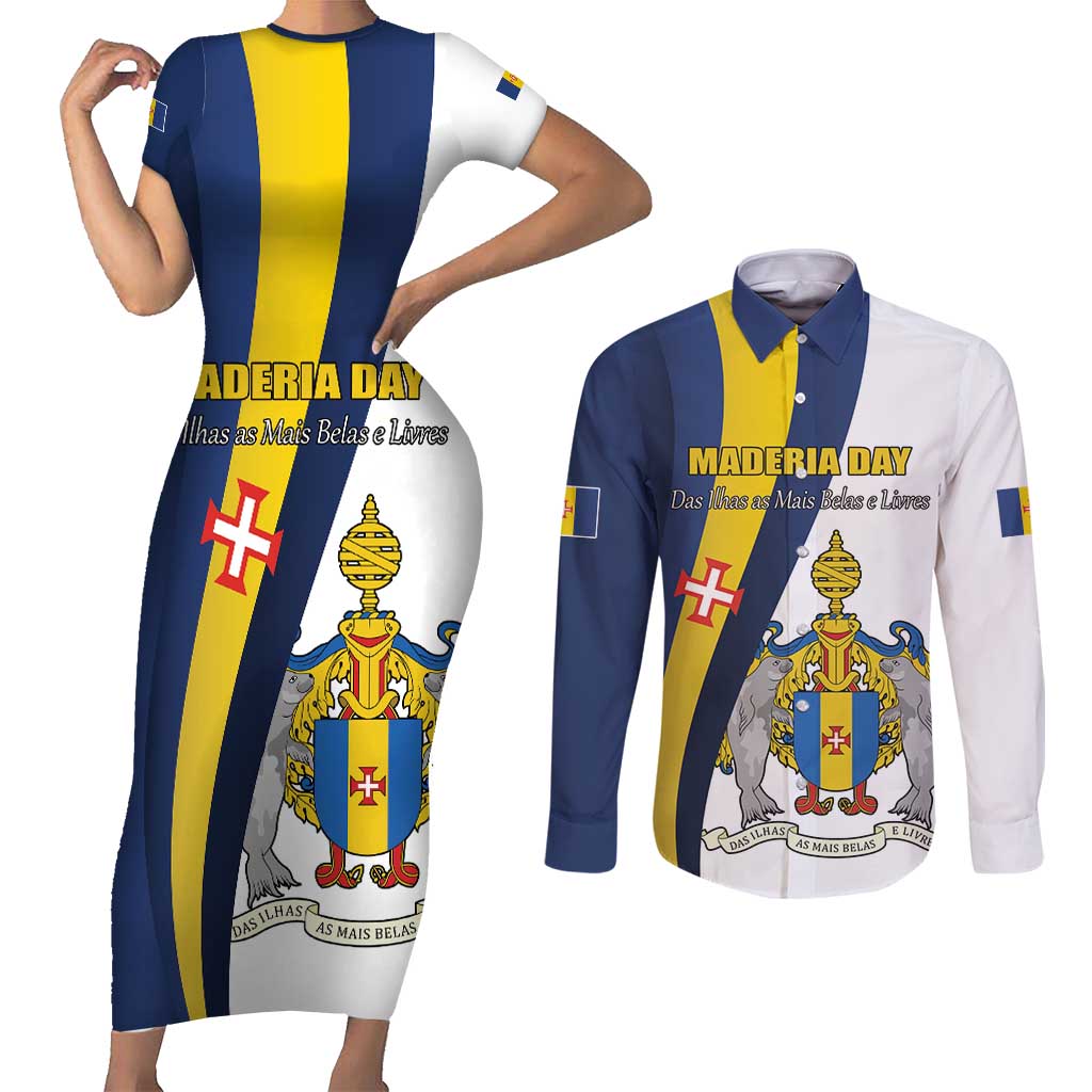 Portugal Maderia Day 1st July Couples Matching Short Sleeve Bodycon Dress and Long Sleeve Button Shirt Das Ilhas as Mais Belas e Livres