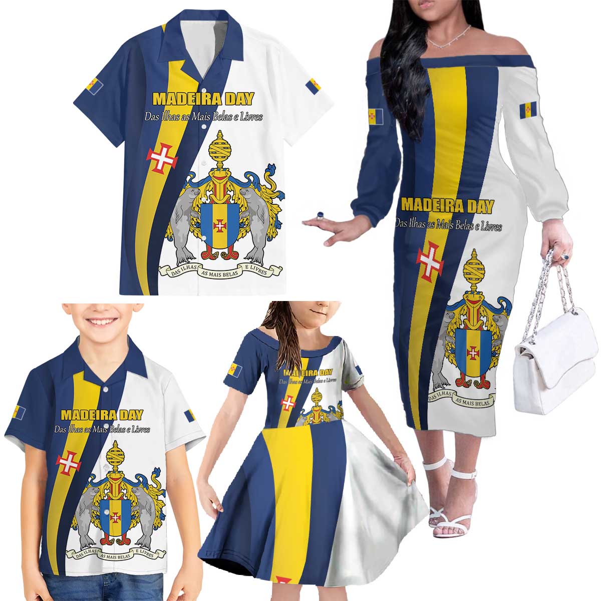 Portugal Madeira Day 1st July Family Matching Off The Shoulder Long Sleeve Dress and Hawaiian Shirt Das Ilhas as Mais Belas e Livres LT17