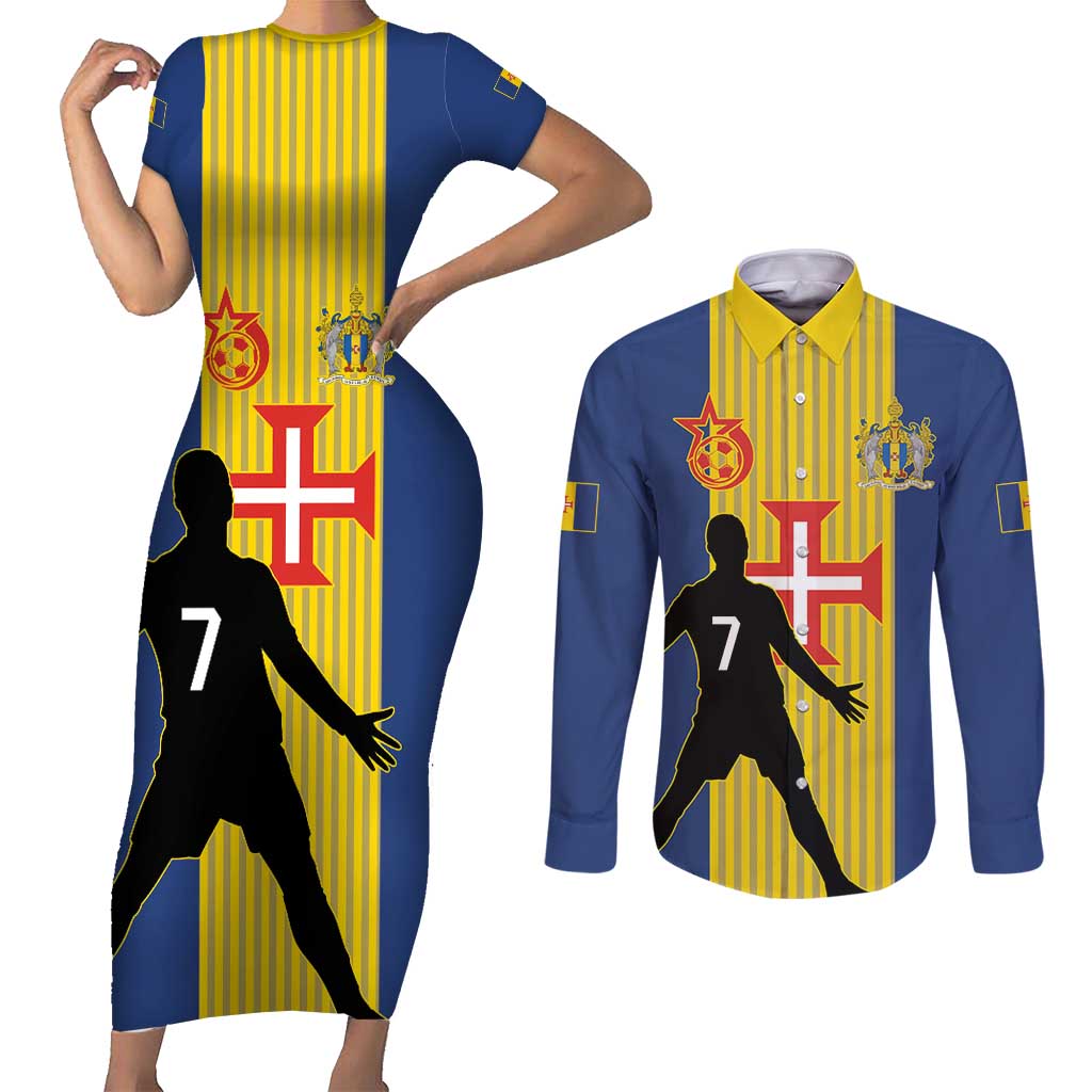 Custom Portugal Maderia Football Couples Matching Short Sleeve Bodycon Dress and Long Sleeve Button Shirt Sporty Style