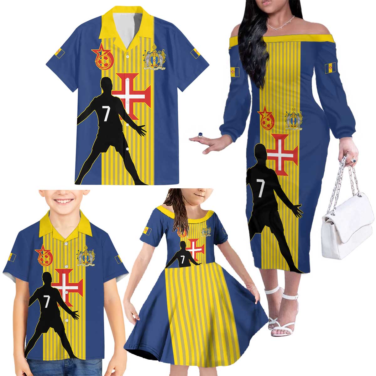 Custom Portugal Maderia Football Family Matching Off The Shoulder Long Sleeve Dress and Hawaiian Shirt Sporty Style