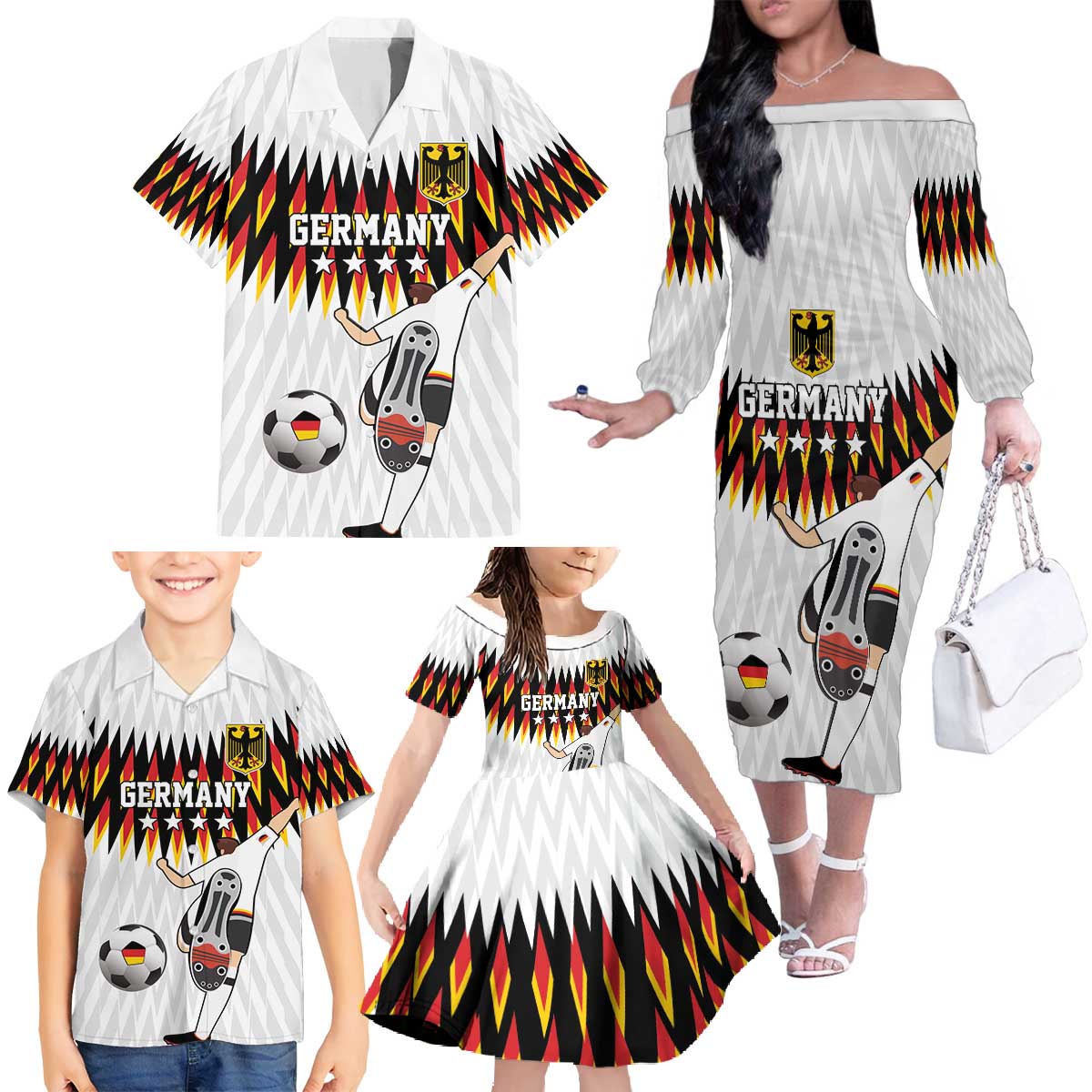Custom Germany Football Family Matching Off The Shoulder Long Sleeve Dress and Hawaiian Shirt Sporty Style