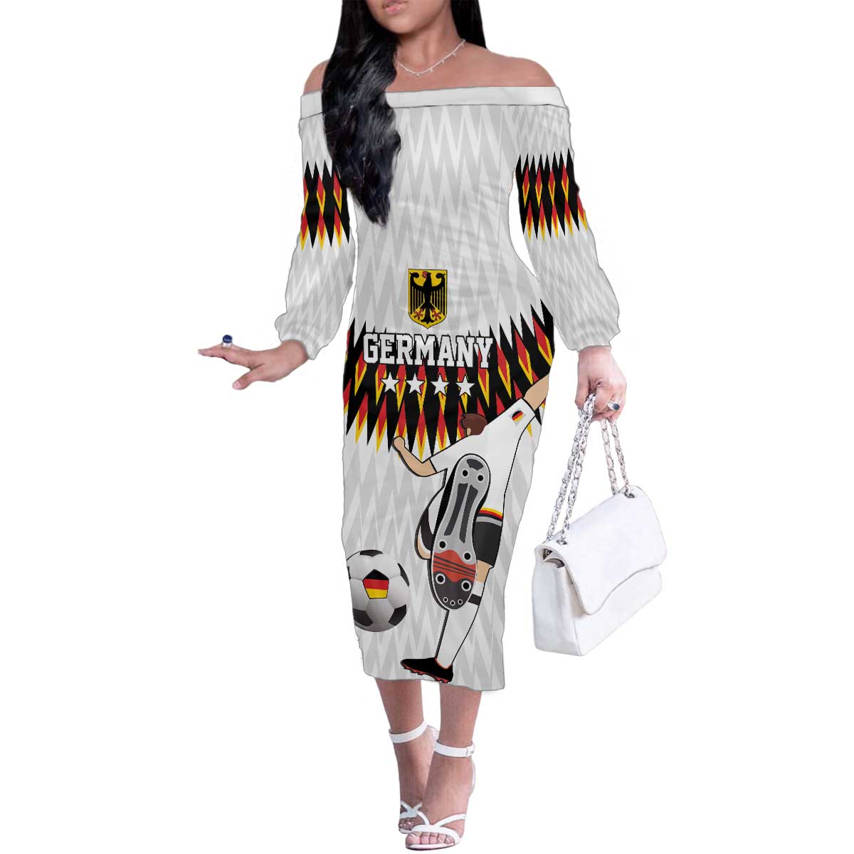 Custom Germany Football Family Matching Off The Shoulder Long Sleeve Dress and Hawaiian Shirt Sporty Style
