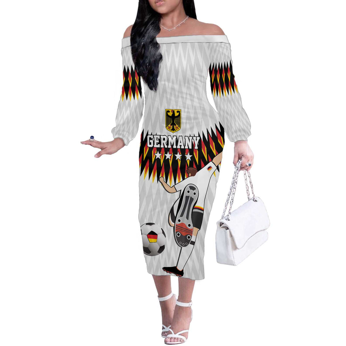 Custom Germany Football Off The Shoulder Long Sleeve Dress Sporty Style