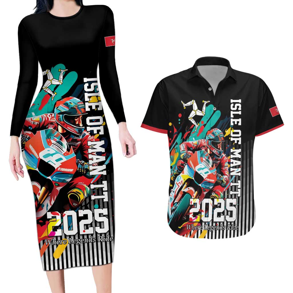 Personalized Isle of Man TT Couples Matching Long Sleeve Bodycon Dress and Hawaiian Shirt Motorcycle Racing