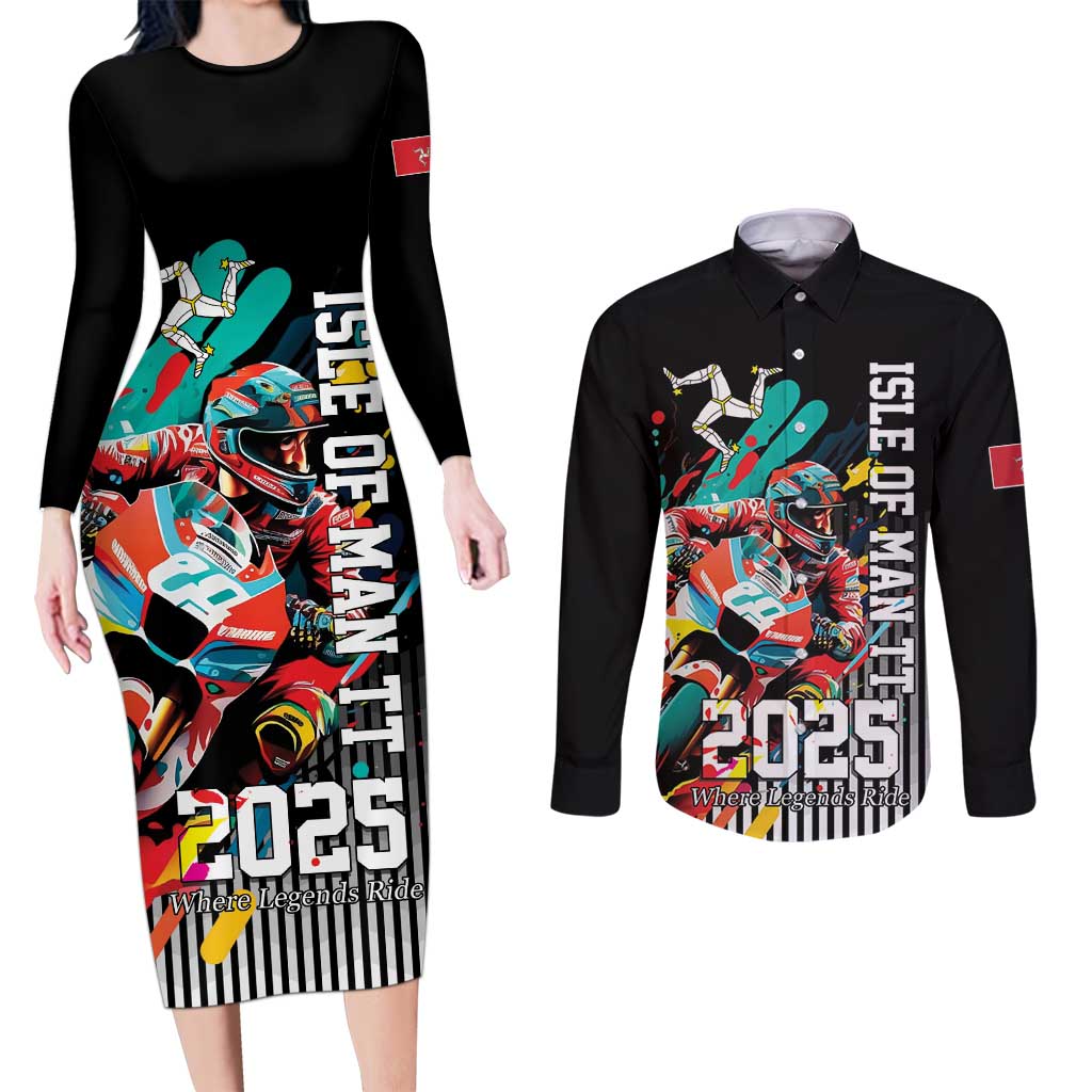 Personalized Isle of Man TT Couples Matching Long Sleeve Bodycon Dress and Long Sleeve Button Shirt Motorcycle Racing