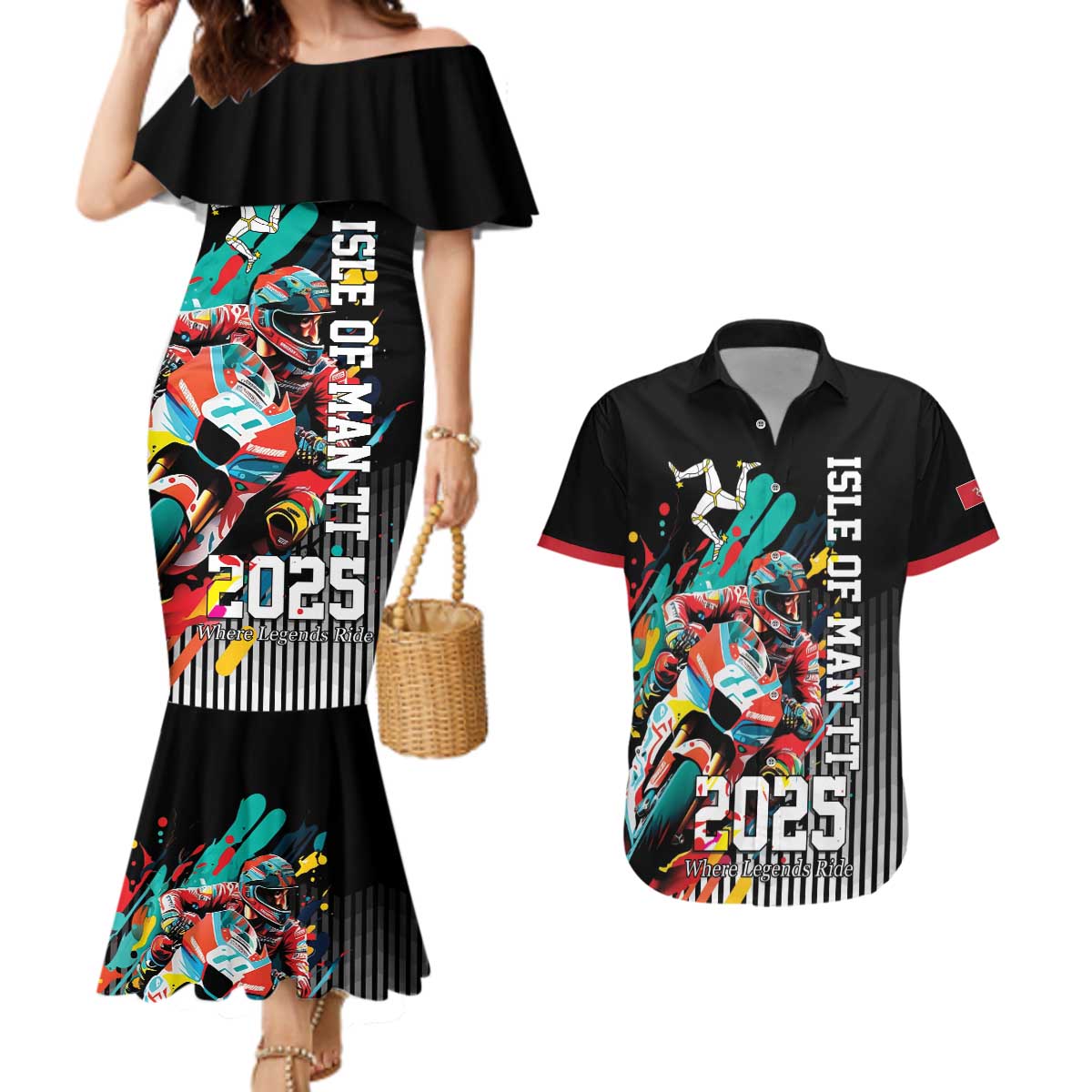Personalized Isle of Man TT Couples Matching Mermaid Dress and Hawaiian Shirt Motorcycle Racing