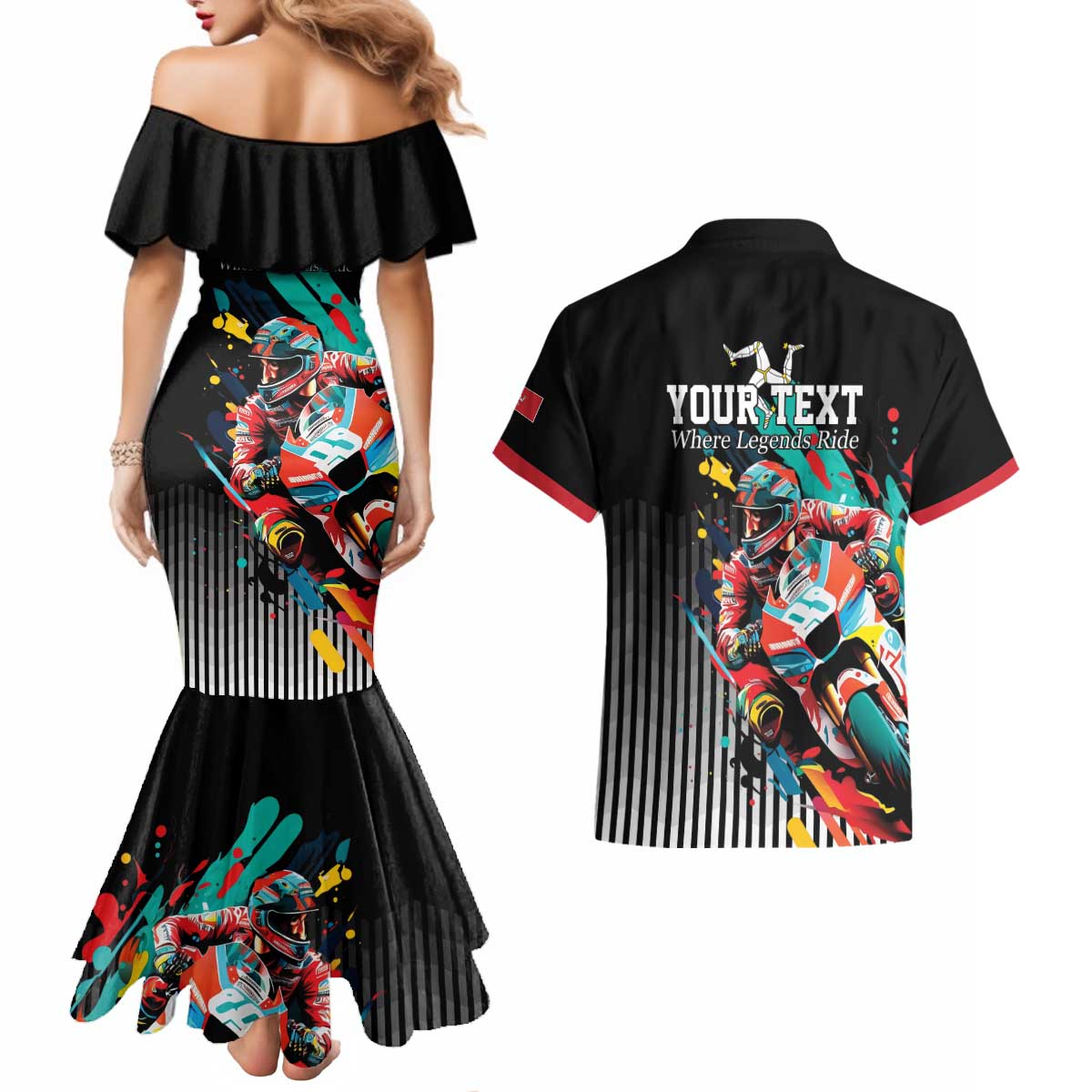 Personalized Isle of Man TT Couples Matching Mermaid Dress and Hawaiian Shirt Motorcycle Racing